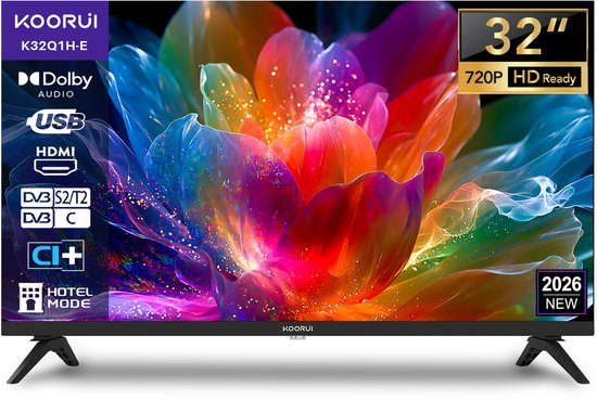 Koorui Standaard TV - LED HD - 32 inch/81 cm - Hotelmodus - HDMI x3, USB x2, CI+ - Tripple Tuner DVB-T/T2/S/S2/C - Frameless Design - Geassembleerd in Nederland - K32Q1H-E