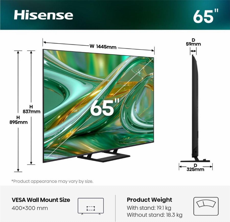 Hisense 65E8S Smart TV - 65 inch - 4K Hi-QLED MiniLED - 2026 - 600 nits - Native 144Hz Game Mode - Built-in Subwoofer - Hi-View AI Engine - Hi-QLED Colour - Dolby Vision Atmos