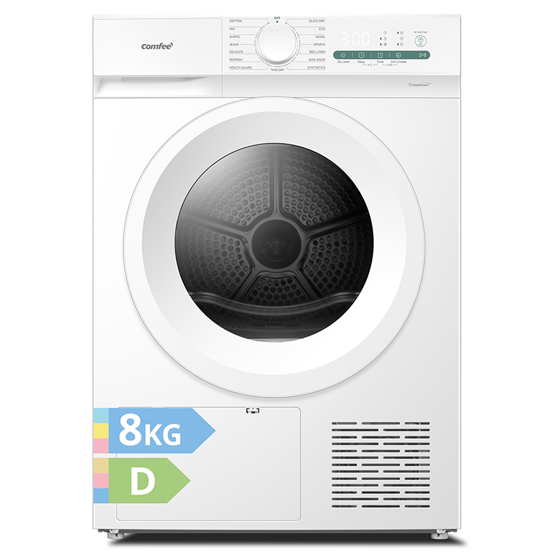 Comfee’ CD08EHP05W-HR warmtepompdroger, 8 kg, energieklasse D met warmtepomptechnologie, UV-licht voor hygiënische zuiverheid, opfrissen, LED-display, sneldrogend, wit