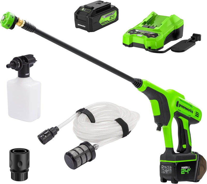 greenworks 24 V draadloze handhogedrukreiniger (lithium-ion, motorvermogen 300 W, druk 24 bar, debiet 180 l/u, sproeikop met 5 standen, 6 m slang zonder accu en lader), groen, grij…