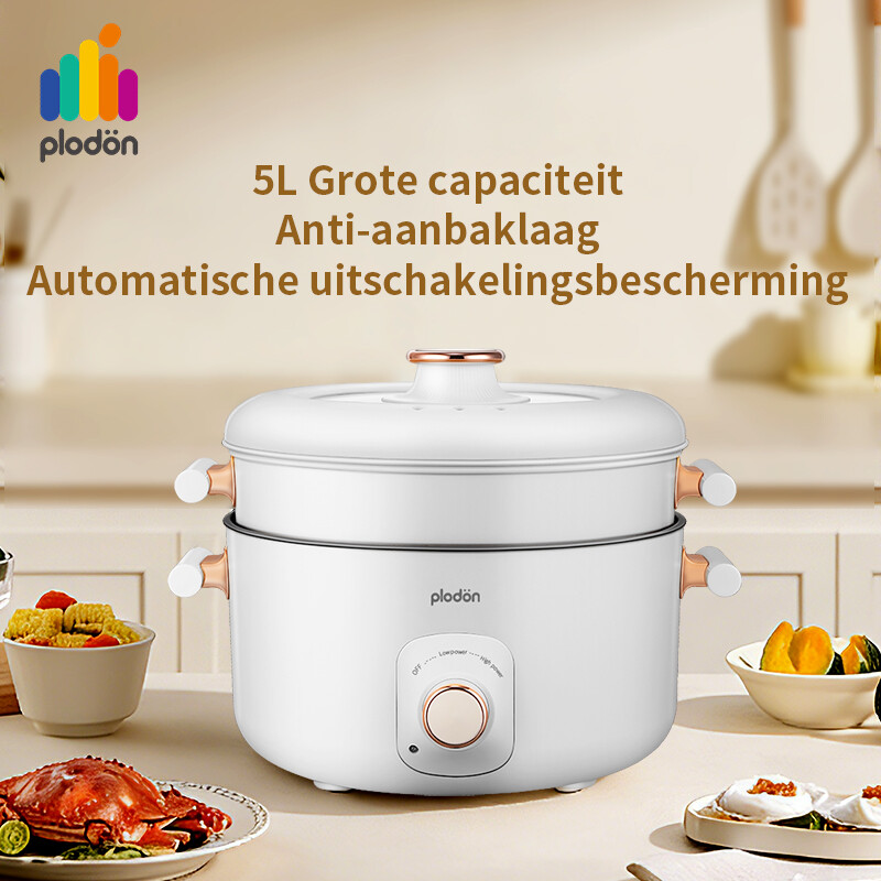 Plodon 1200W 5L Multifunctionele Elektrische Hotpot met Stoomkoker Antiaanbak Kookpan Slowcooker met Dubbele Vermogensregeling voor Stoven, Stomen, Hotpot, Bakken & Sudderen Snelko…