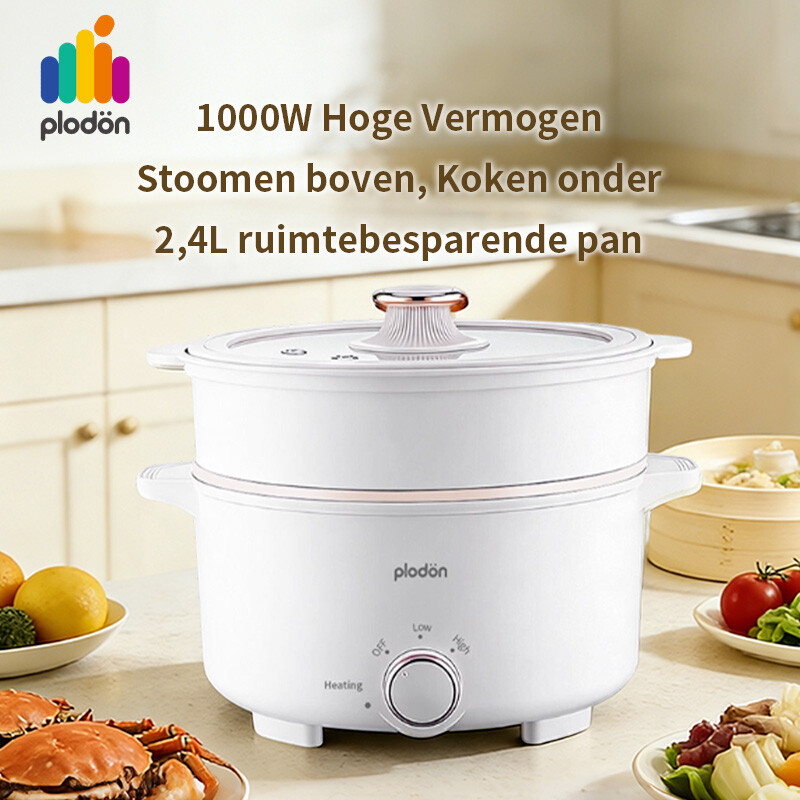 plodon 1000 W 2,4 L multifunctionele elektrische hotpot met antiaanbaklaag, stoommandje, reis- en fondueset, dubbele temperatuurregeling, snel koken, geschikt voor ramen, pasta, ei…
