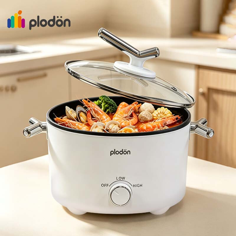 Plodon Verbeterde verdikte snelkook ramenkoker, 2,0 L 1000 W pan met antiaanbaklaag met dubbele vermogensstanden, Compact ruimtebesparende draagbare multifunctionele hotpot, Ideaal…