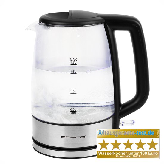 Emerio Waterkoker 1.7 Liter – LED Verlichting – Oververhittingsbeveiliging en Automatische Uitschakeling – Water niveau indicator – Elektrische Waterkoker 2200W – WK-130126 RVS / G…