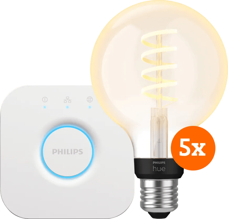 Philips Hue Filament White Ambiance Globe 5-Pack + Bridge