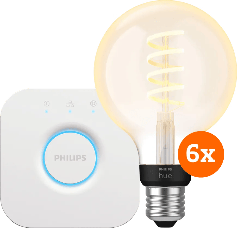 Philips Hue Filament White Ambiance Globe 6-Pack + Bridge