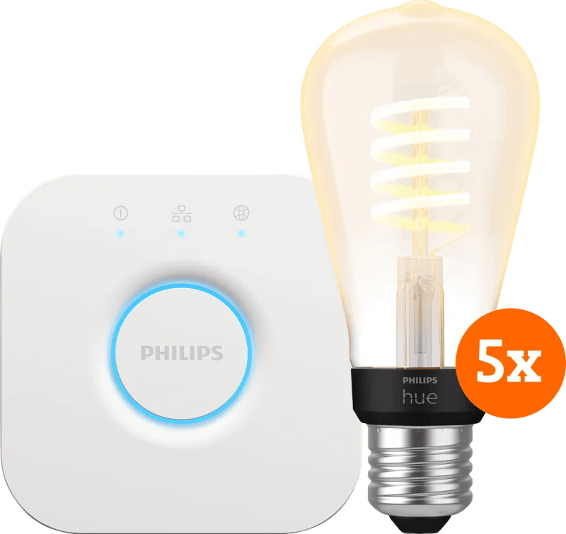 Philips Hue Filament White Ambiance Edison 5-Pack + Bridge