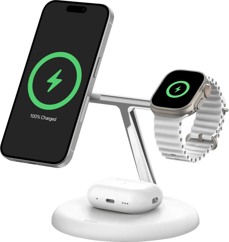 Belkin Boost Charge Pro MagSafe en Qi2 3-in-1 Draadloze Oplader 15W met Standaard Wit