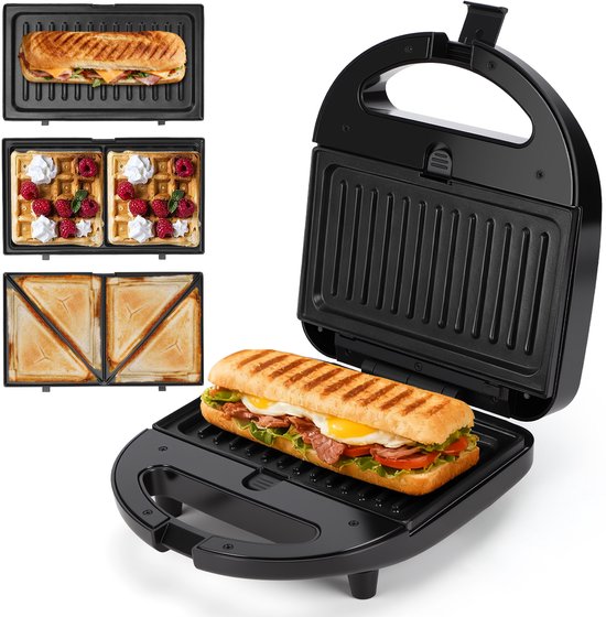 Aigostar Contactgrill - Tosti Apparaat - Wafelijzer - Tosti ijzer - 3 in 1 - 750W - Zwart