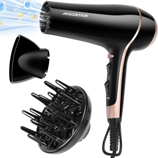 Aigostar Lora 33LNK - Ionische Haardroger 2400 Watt|Haardroger met diffuser, Zwart, DC
