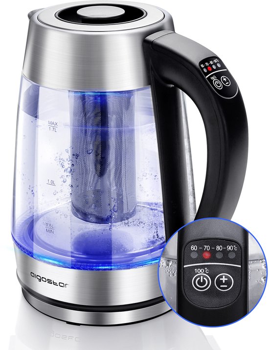 Aigostar Cris – Waterkoker met Temperatuurregeling en Warmhoudfunctie – Glas – 1,7L – 2200W – LED Verlichting – Inclusief Theefilter