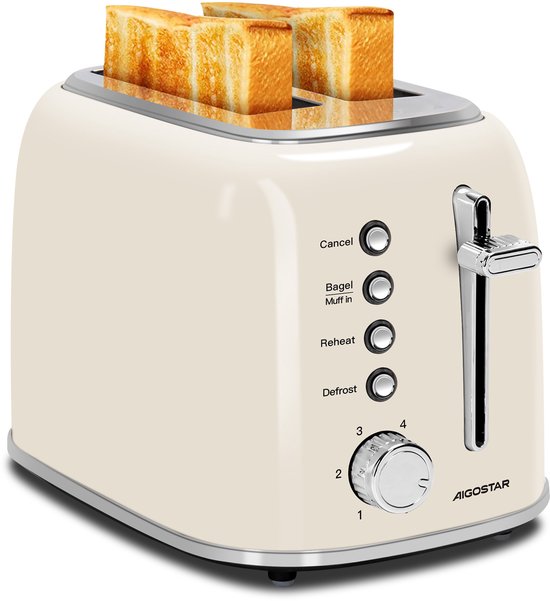 Aigostar Retro Broodrooster - Toaster met 6 Warmteniveaus - Met Exclusieve Bagelfunctie- 2 Extra Brede Sleuven - 800W - Beige