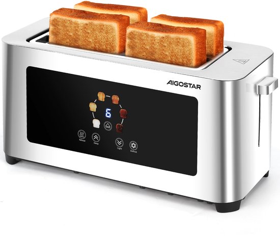 Aigostar Broodrooster lange sleuf - Toaster - LED Display - 4 Sneden - 6 Standen - 1400W - RVS -Bright 303QF