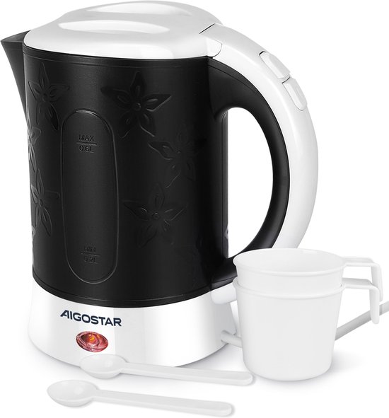 Aigostar Cooltravel – Reiswaterkoker – 600ML – Inclusief 2 Kopjes en Lepel – Mini Waterkoker -Kleine waterkoker – mini waterkoker – Zwart