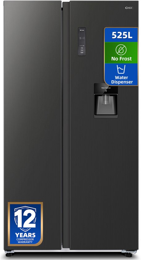 CHiQ CSS530NGDE - Amerikaanse Koelkast - 525 L - No Frost - 4 L Waterdispenser - Digitaal LED Display - Inverter Compressor - Snelvriezen tot -32℃ - 12 jaar garantie op compressor…