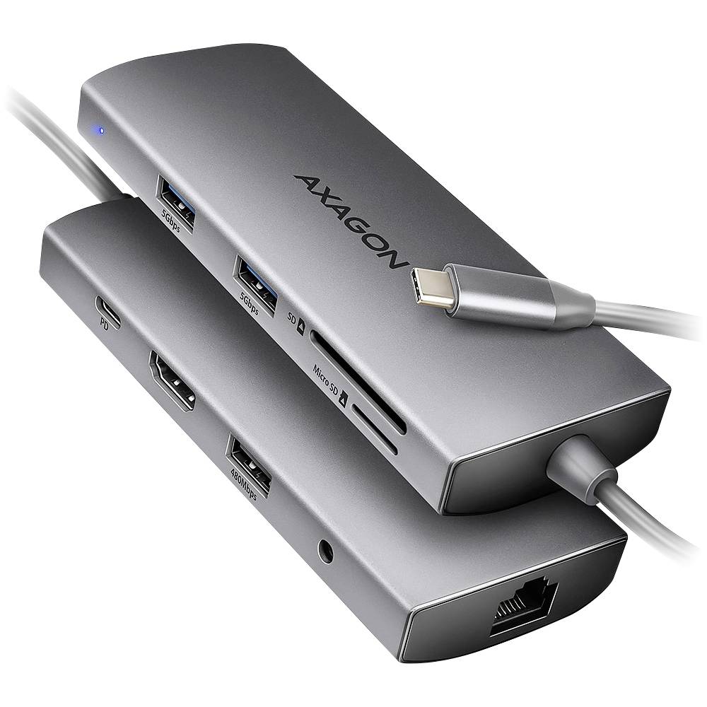 AXAGON HMC-8HLSA USB-hub 8 poorten USB-C (met Power Delivery), USB-A 3.2 Gen 1, Audio, 2.0 (3.5 mm jackplug), SD, USB-A 2.0 USB 3.2 Gen1 5 GBit/s Met USB-C
