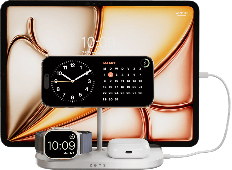 Zens 4-in-1 MagSafe met Qi2 Draadloze Oplader 15W met Standaard, Watch Stand en iPad Stand