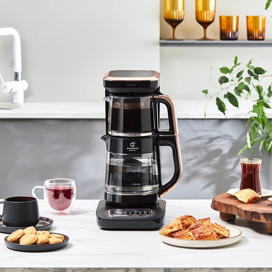 Karaca Robotea Pro 4 in 1 – Sprekende automatische theemaker – Waterkoker – Filterkoffiezetter 2500W – Zwart/Koper