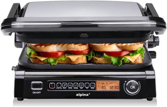 alpina Contactgrill 2100W - Tosti Apparaat met 7 Grill Standen - Tafelgrill met Uitneembare Platen - Panini Grill 37,6 x 33,1 cm - Anti-Aanbaklaag - RVS/Aluminium