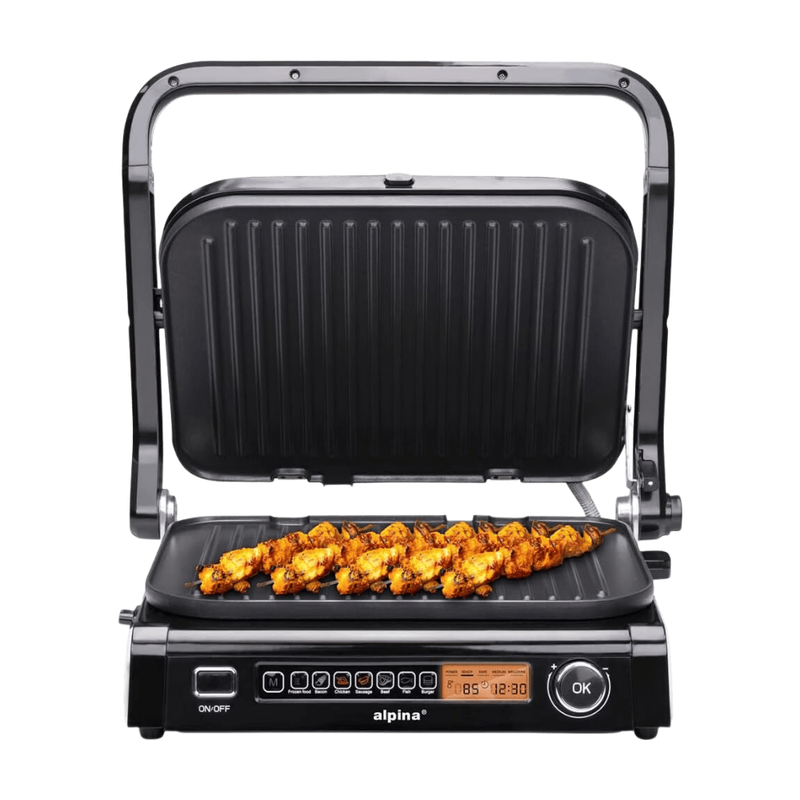 alpina Contactgrill 2100W - Tosti Apparaat met 7 Grill Standen - Tafelgrill met Uitneembare Platen - Panini Grill 37,6 x 33,1 cm - Anti-Aanbaklaag - RVS/Aluminium