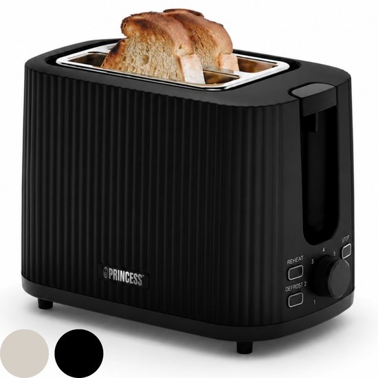 Princess Retro Broodrooster - Wave 142358 - Zwart - Compact - 7 Instelbare standen - Uitneembare Kruimellade - 930 Watt