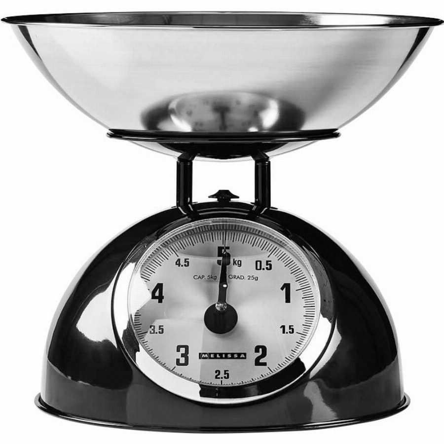 MELISSA Retro keukenweegschaal | Analoog | Metalen behuizing | Uitneembare kom | Max. 5 kg | 25 g-stappen | Zwart