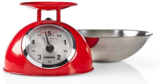 MELISSA Retro keukenweegschaal | Analoog | Metalen behuizing | Afneembare kom | Max. 5 kg | 25 gram stappen | Rood