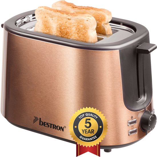 Bestron Broodrooster voor 2 sneden Brood, incl. broodjesopzet, 7 bruiningsniveaus & kruimellade, 1000W, ATS1000CO, kleur: koper