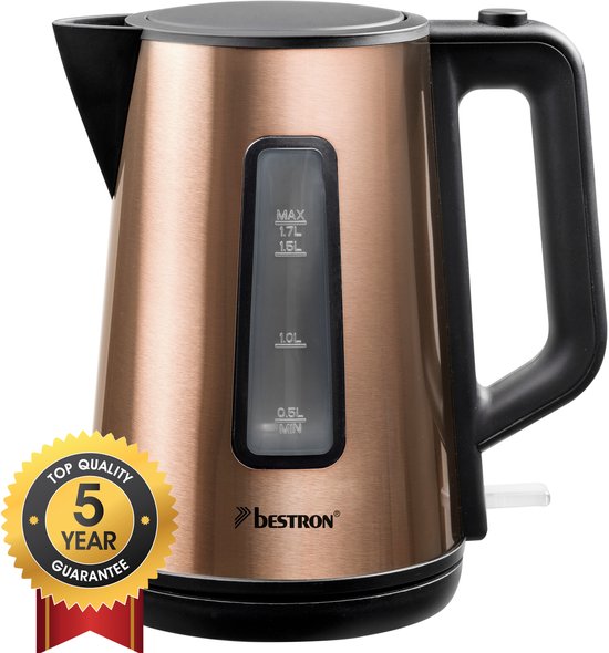 Bestron Waterkoker, met 360° basis & tot 1.7 Liter capaciteit, automatische kookstop & droogkookbeveiliging, 2.200W, AWK1000CO, kleur: Koper