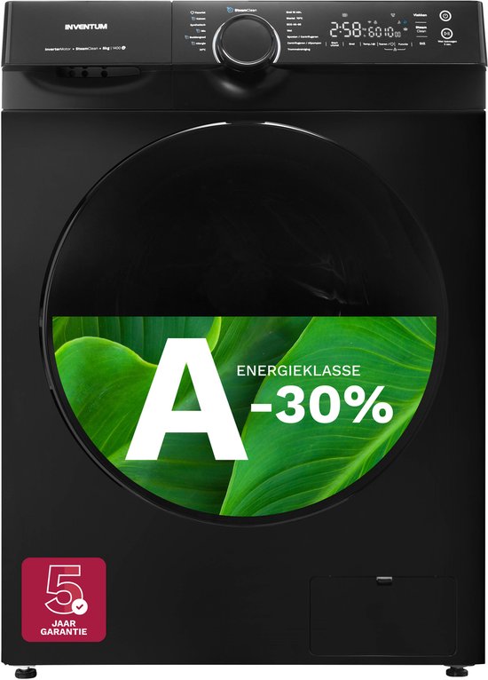 Inventum VWM8030B Wasmachine – 8kg – 1400 toeren – Energielabel A-30% – Stoomfunctie – Zwart