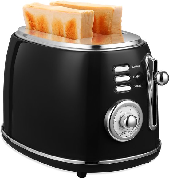 MOA Retro Broodrooster - Toaster met 2 Extra Bede Sleuven - 6 Warmteniveaus - BPA Vrij - 850W - Zwart