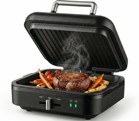 Gadgy Contactgrill 180° Draaibaar – 3-in-1 - Tafelgrill & Paninimaker – 1400W – Met Uitneembare Antiaanbakplaat en Openklapbaar – Temperatuurregelaar – Vetarm Grillen - Cooltouch