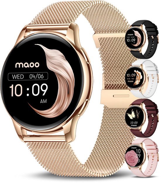 Maoo Ventura Smartwatch Dames – Belfunctie – 5 Bandjes – AMOLED – Stappenteller Horloge Dames – Hartslagmeter – Slaapmonitor – Android en iOS – Rosé Goud en Roze