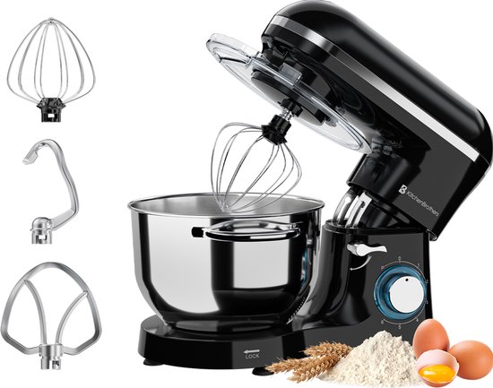 KitchenBrothers Keukenrobot - Keukenrobot - 6,2L - Mixer met Mengkom - Keukenmixer - 1400W - Zwart