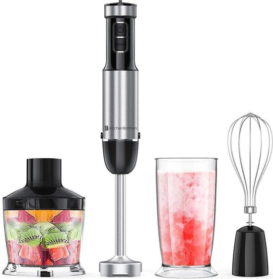 KitchenBrothers Staafmixer 4-in-1 Set - Hakmolen - Garde - Maatbeker - BPA-vrij - Vaatwasserbestendig - 6 Snelheden + Turbo - RVS
