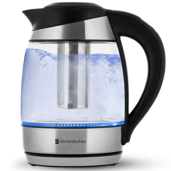 KitchenBrothers Waterkoker – Elektrisch – 1,8L – PFAS- & BPA-vrij – Temperatuurregeling – Glazen Waterkoker – Warmhoudfunctie – met Theefilter – 2200W