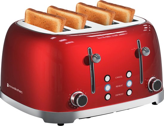 KitchenBrothers Retro Broodrooster - 4 Sneden - 6 Warmteniveaus - 4 Sneden - BPA-vrij - 4 Extra Brede Sleuven - 1630W - Reheat en Ontdooi-functie - Rood