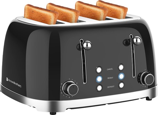 KitchenBrothers Retro Broodrooster - Toaster - 6 Warmteniveaus - 4 Sneden - 4 Extra Brede Sleuven - BPA-vrij - 1630W - Zwart