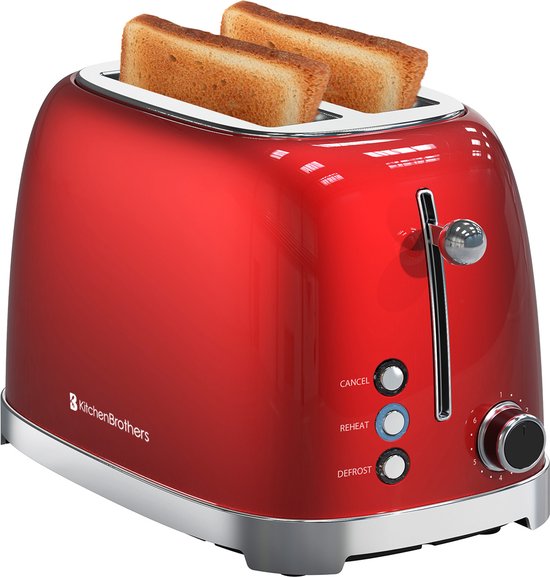 KitchenBrothers Retro Broodrooster - Toaster - 6 Warmteniveaus - 2 Extra Brede Sleuven - BPA-vrij - 815W - Rood