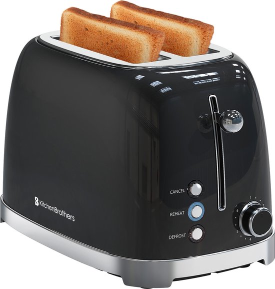 KitchenBrothers Retro Broodrooster - Toaster - 6 Warmteniveaus - 2 Extra Brede Sleuven - BPA-vrij - 815W - Zwart