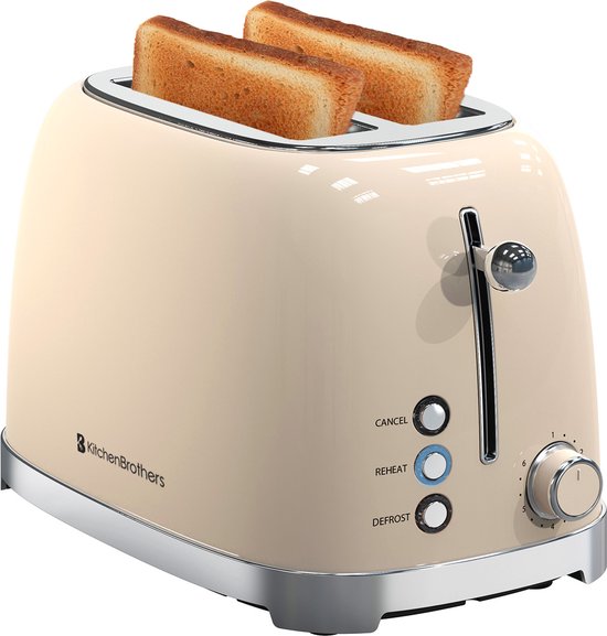KitchenBrothers Retro Broodrooster - Toaster - 6 Warmteniveaus - 2 Extra Brede Sleuven - BPA-vrij - 815W - Beige