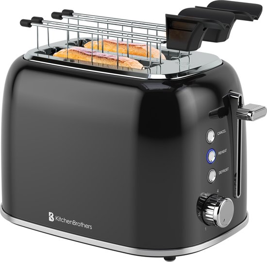 KitchenBrothers Broodrooster met Tostiklemmen - Toaster - Tosti Ijzer - 6 Warmteniveaus - Brede Sleuven - Broodrooster - BPA-vrij - 870W - Zwart
