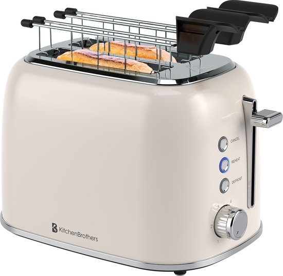 KitchenBrothers Broodrooster met Tostiklemmen - Toaster - Tosti Ijzer - 6 Warmteniveaus - Brede Sleuven - Broodrooster - BPA-vrij - 870W - Beige