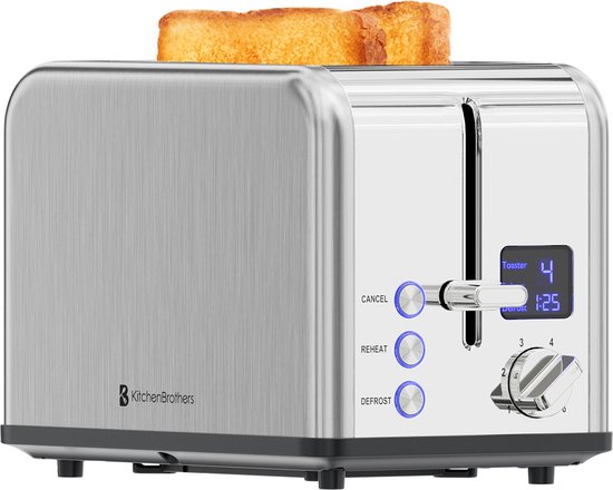 KitchenBrothers Broodrooster - Toaster - 6 Warmteniveaus - 2 Extra Brede Sleuven - BPA-vrij - 815W - RVS/Zilver