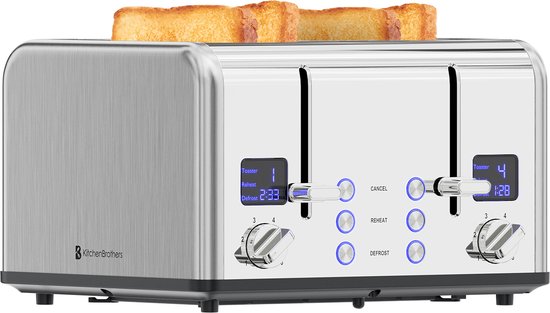 KitchenBrothers Broodrooster - Toaster - 6 Warmteniveaus - 4 Sneden - 4 Extra Brede Sleuven - BPA-vrij - 1630W - RVS/Zilver