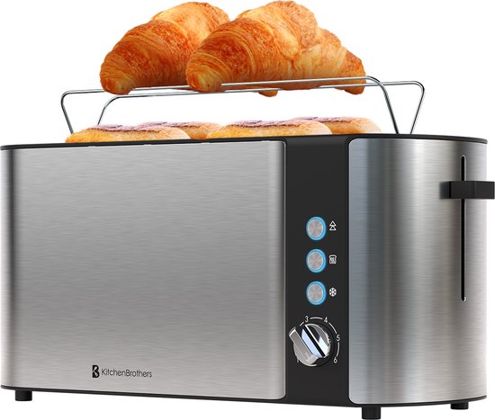 KitchenBrothers Broodrooster - Toaster - 6 Warmteniveaus - 2 Extra Lange Sleuven - BPA-vrij - 1520W - RVS/Zwart