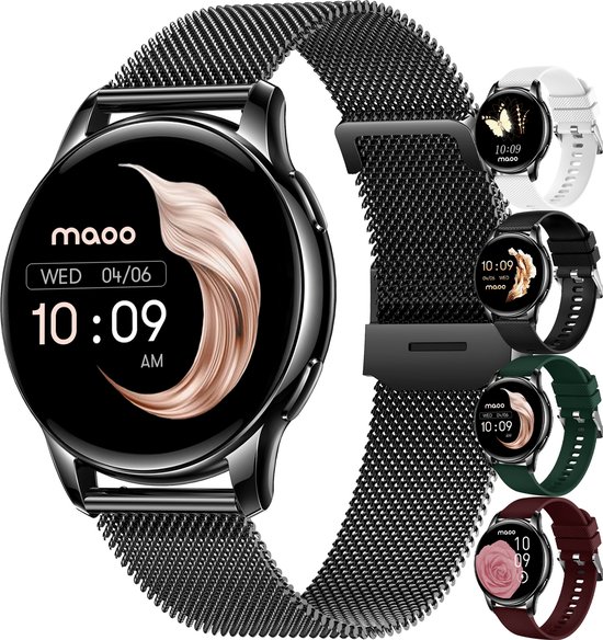 Maoo Ventura Smartwatch Dames – Belfunctie – 5 Bandjes – AMOLED – Stappenteller Horloge Dames – Hartslagmeter – Slaapmonitor – Android en iOS – Zwart