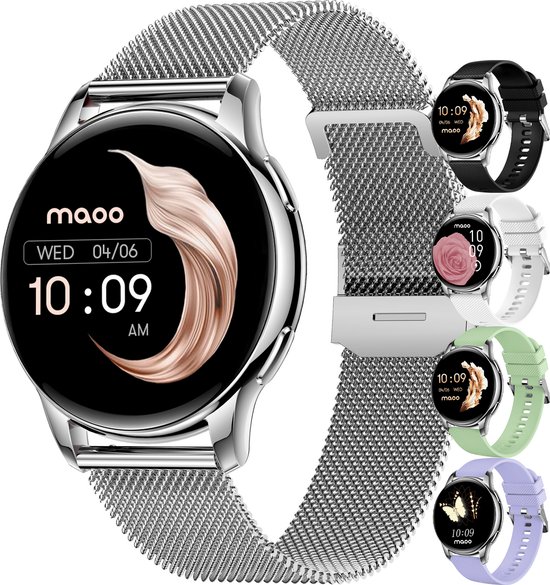 Maoo Ventura Smartwatch Dames – Belfunctie – 5 Bandjes – AMOLED – Stappenteller Horloge Dames – Hartslagmeter – Slaapmonitor – Android en iOS – Zilver en Wit