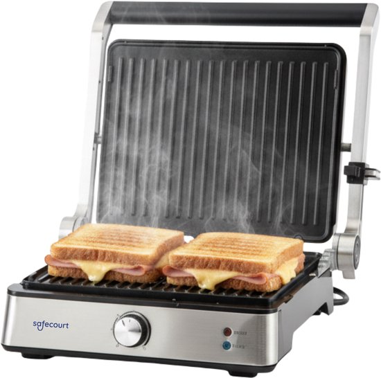 Safecourt Kitchen Tosti apparaat – Paninigrill en Tosti ijzer – Uitneembare PFAS-vrije platen & vaatwasserbestendig – Groot grilloppervlak – Snel warm – Contactgrill - Zilver