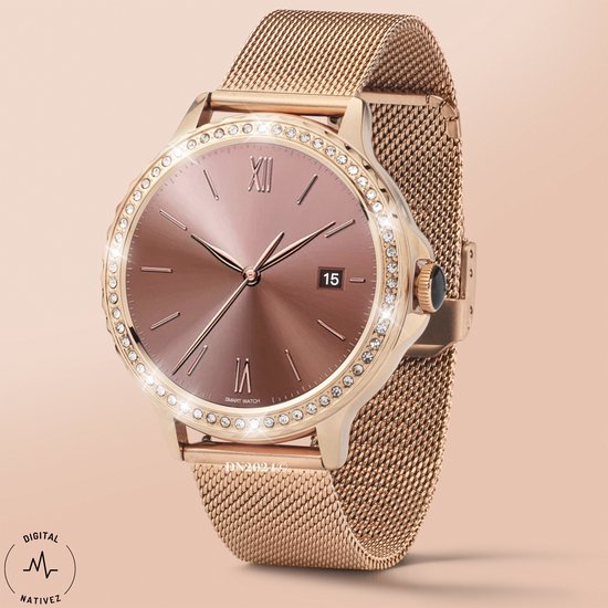 Digital Nativez dames smartwatch horloge rosegoud met echte zirkonia’s | incl. extra, makkelijk verstelbare, horlogeband | geschikt voor Iphone en Android | met o.a. NL menu| incl.…